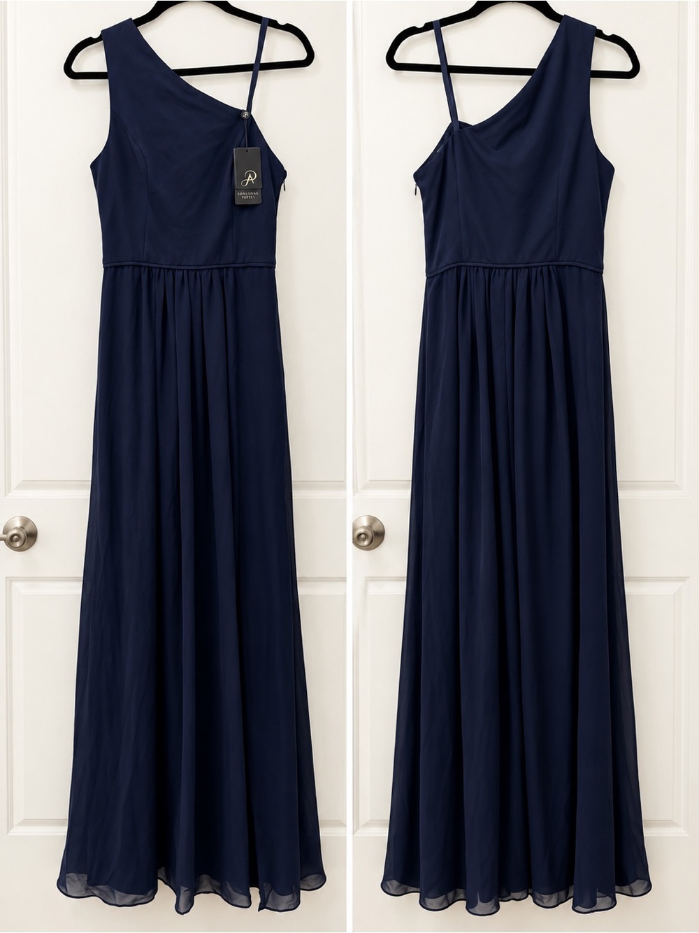 NWT Adrianna Papell One Shoulder Chiffon Gown Navy Size 2